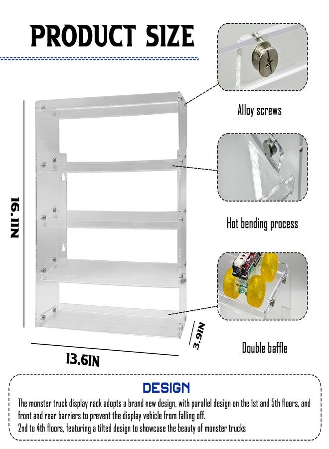 AAiphuwew Acrylic Monster Trucks Display Case - Holds Up to 25 Car Collectibles, Clear 5 Tiers Toy Truck Cars Display Storage Organizer Tire Shelf - Image 4